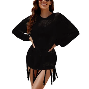 Summer Long Sleeve Women Knit Skit Casual Beach Bikini Swimsuit Pullover Smock Women's Knitted Dress