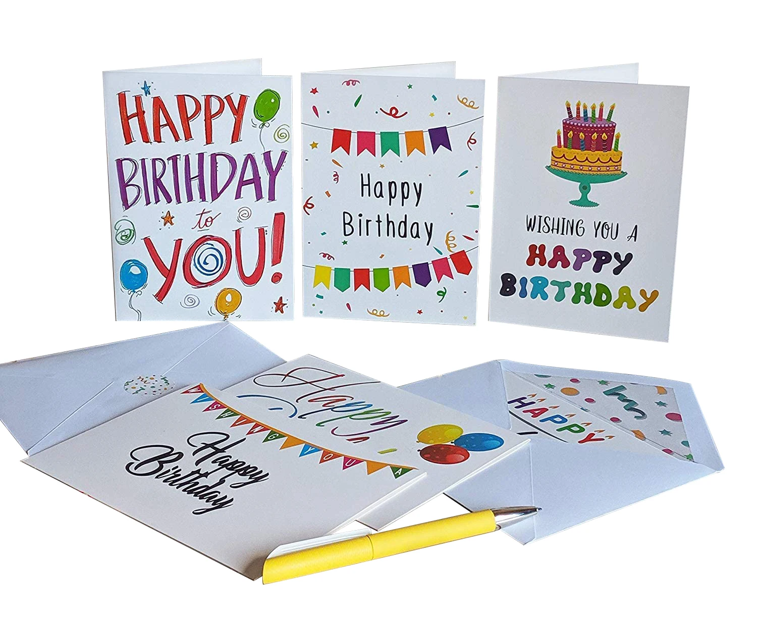100 Happy Birthday Cards Bulk, Large 5x7 inch Assorted, with Envelopes ,Stickers and Simple Greetings Inside , 10 Unique Designs, Thick Card Stock Box