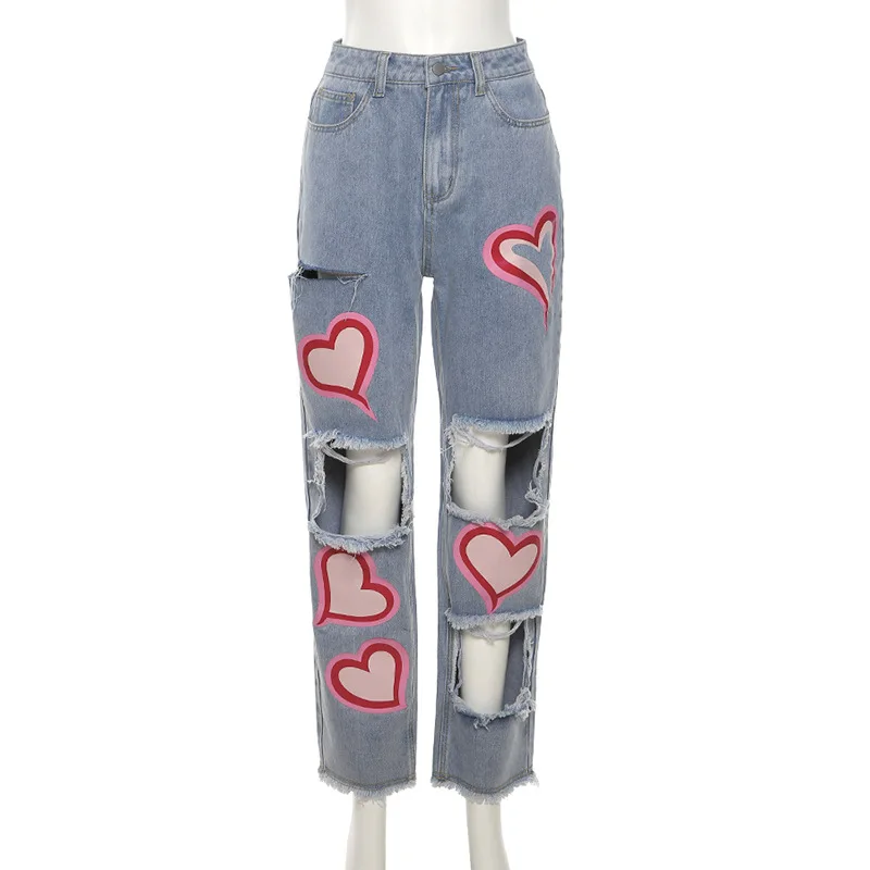 W21P02349 Popular dropshipping agent spring 2022 custom women stylish print hollow out casual denim jeans hole woman's jeans
