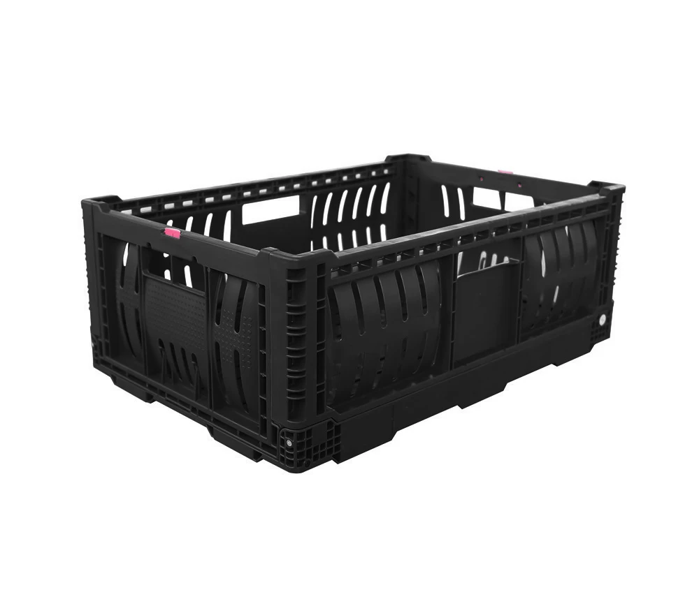 Black 6422 Reusable RPC Vented Type Plastic Crate for Vegetable Fruit Transportation Foldable Stackable Perforated Structure