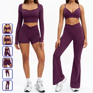 Custom Active Wear Long Sleeve Crop Tops Yoga Pants 2 Piece Set High Waist Flared Gym Legging Fitness Yoga Sets for Women