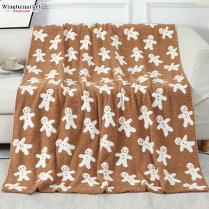 Wholesale Christmas Blanket Knitted Faux Fur Couch Baby Cozy Sofa pink Winter Custom logo Gingerbread Man Fleece Blankets Throws
