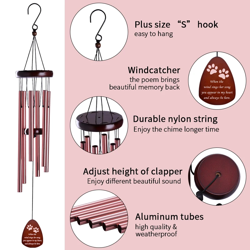 32in Pet Memorial Wind Chime Wood Aluminum Sympathy Wind Chimes Bell