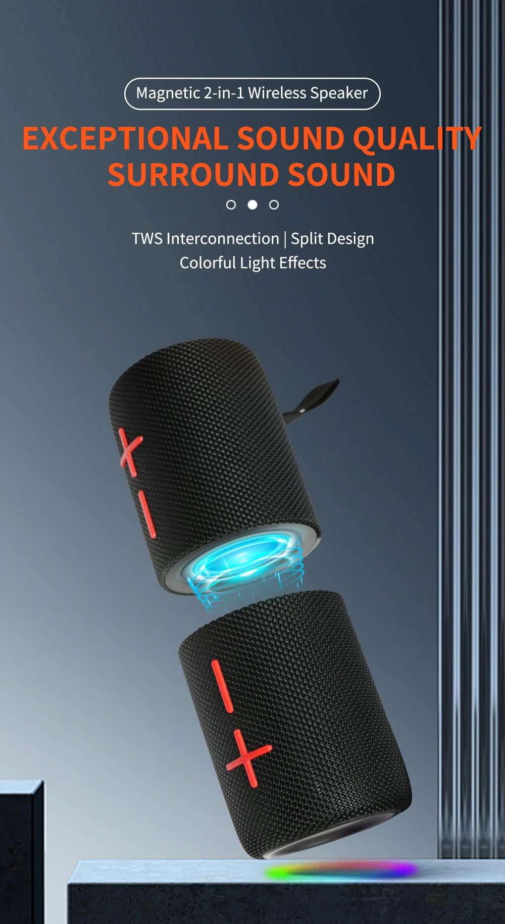 2合1便携式分体式无线扬声器IPX6防水磁性双扬声器，带RGB灯TWS配对，适用于笔记本电脑S11