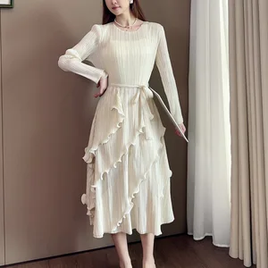 Wholesale Clothing Miyake Pleated Dress with Irregular Design and Stretchy Midi Dress for Women