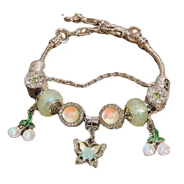 High Quality Silver Plated Crystal butterfly Pendant Large Hole Beads Green Leaf Charm Bracelet for Women