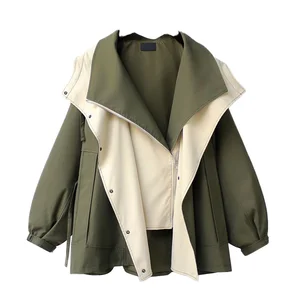 Spring and Autumn Reversible Casual Garment Dyed Broadcloth Thick Unhooded Spliced Loose Waist Short Women's Coats