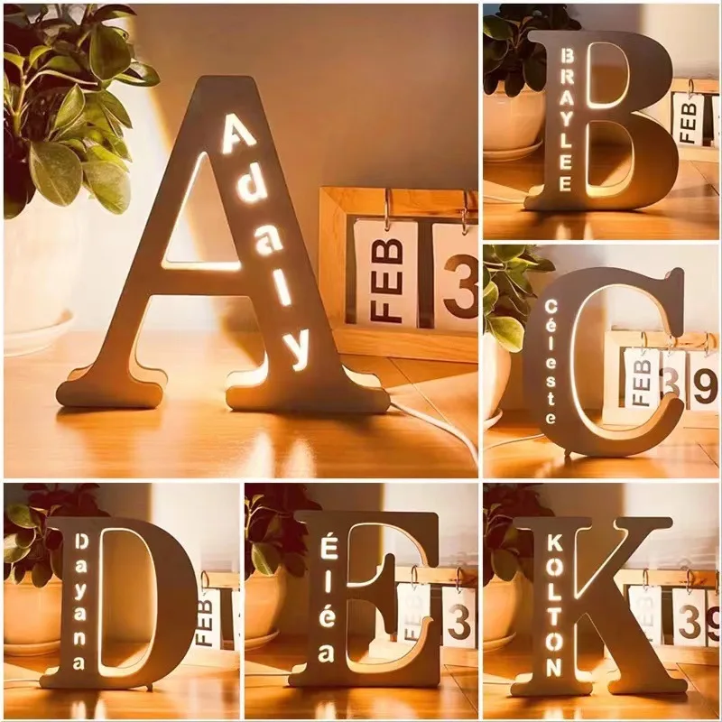 Modern LED Wooden Letter Lights New Creative Wall-Mounted Ambient Cross-Border ABS Lights for Bedroom Battery-Powered