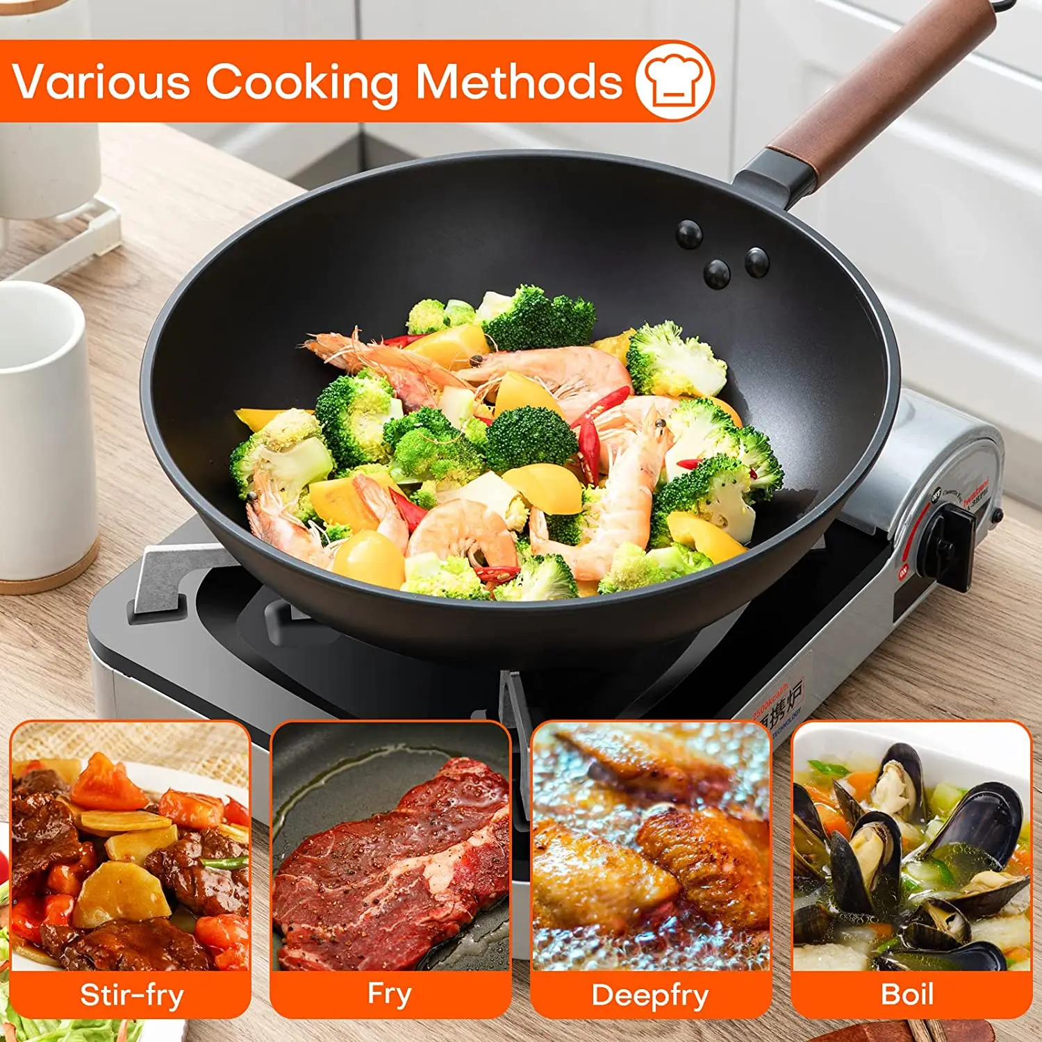 Nonstick Carbon Steel Wok Pan,Flat Bottom Asia Stir-fry Pot,Lid And ...