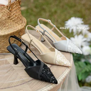 Source Factory Cross-border Custom Baotou Sandals Women Pu Pointed Toe Open Trip Stiletto Heel High Heels Temperament 278-6
