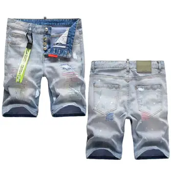 Fashion five cent shorts Colorful embroidered messy thread ripped patch lanyard decorated jeans for men