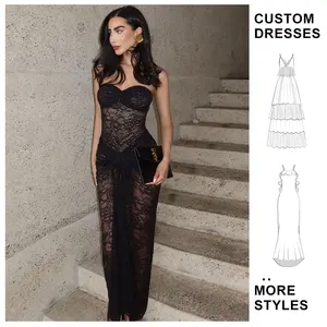 Custom LOGO OEM Women Maxi Dress Black Sexy Pure Lace Floral Wrap Chest Long Hip Skirt Sleeveless Ladies Evening Slim Dress