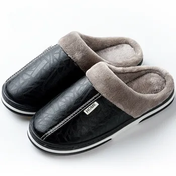 Mens Indoor Waterproof Warm Fluffy PU Leather Slippers Soft Casual Slide Shoes Big Size Home Fur Slipper for Mal