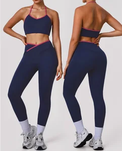 Simple Women's Sports Set Halter Neck Bra High Waist Leggings Contrast Trim Sportswear for Gym Workout Fitness Sets