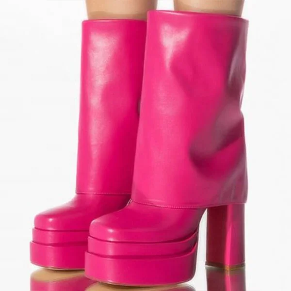 Trendy Short Overlay Platform Booty Chunky High Heels Ankle Boots for Women Square Toe Folded Over Shoes