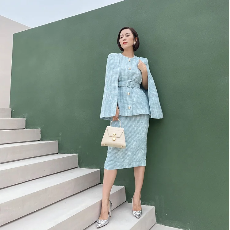 Luxury Suit Women Ladies Church Suits Tweed Set Midi Office Designer  Elegant Lady Bosses Cape Skirt Suit
