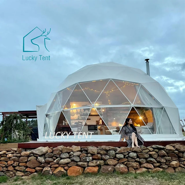 Prefab Luxury Desert Hotel Transparent 6M Geodesic Dome Tent Kit House Glamping Tents with Bathroom for Camping