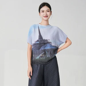Wholesale Smocked Clothing Women's Fashion Tops Summer Stretch Print Top Miyake Pleated Tops Casual T-shirts