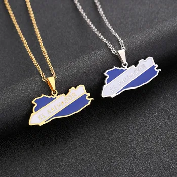 Enameled El Salvador Map Chain Necklaces Stainless Steel 18K Gold Plated Enamel El Salvador National Flag Map Pendant Necklace