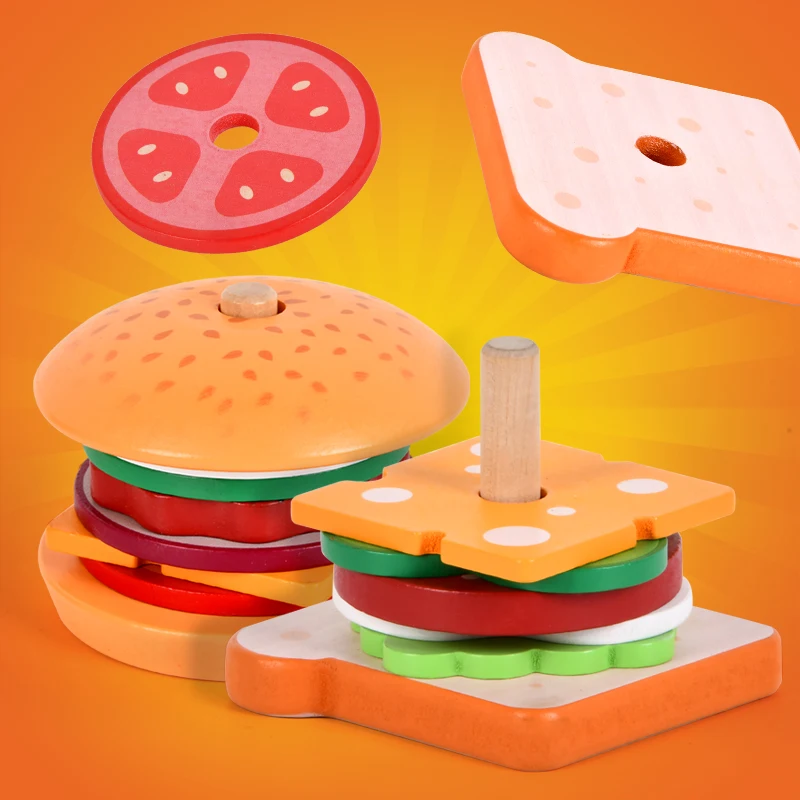 Children Playing Tasty Sandwich Stacking Game Wooden Simulation Food