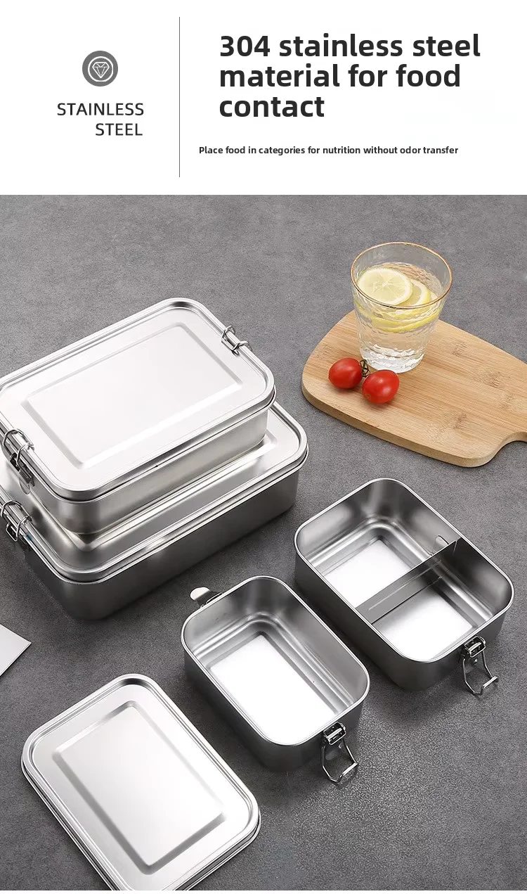 product custom thickened stainless steel lunch box single tier bento box with removable divider  double buckle lid for office students-4