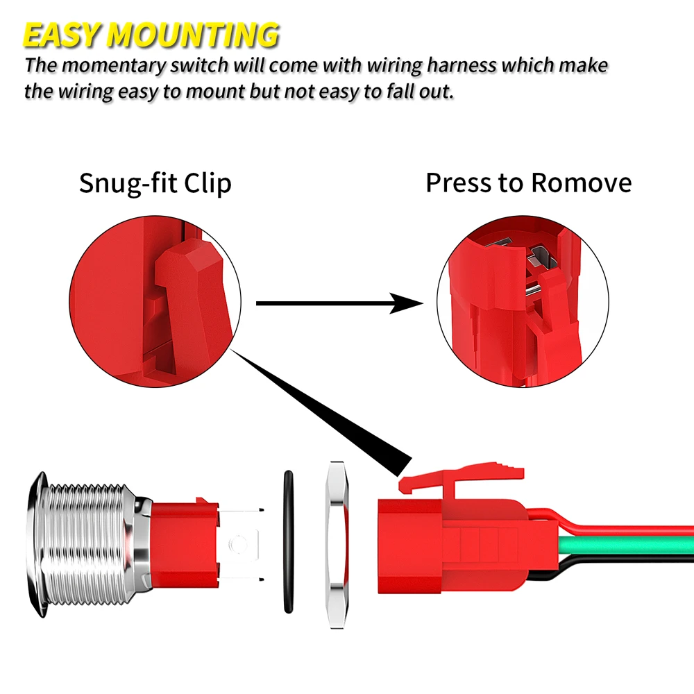 Heavy Duty 20A 12Vlot Waterproof Pushbutton Switch 4Pin ON-OFF 16MM Flat Button Marine Push Button Light Switch with Ring LED