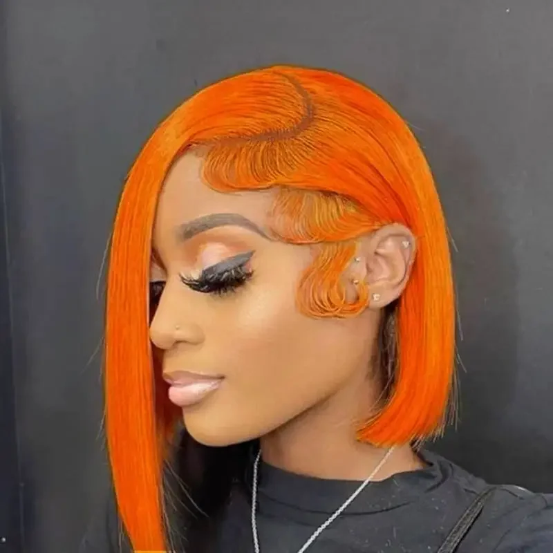 Parrucca corta arancione zenzero con capelli umani lisci e trasparenti, chiusura frontale in pizzo 4X4, attaccatura dei capelli pre-pizzicata_voghion.com