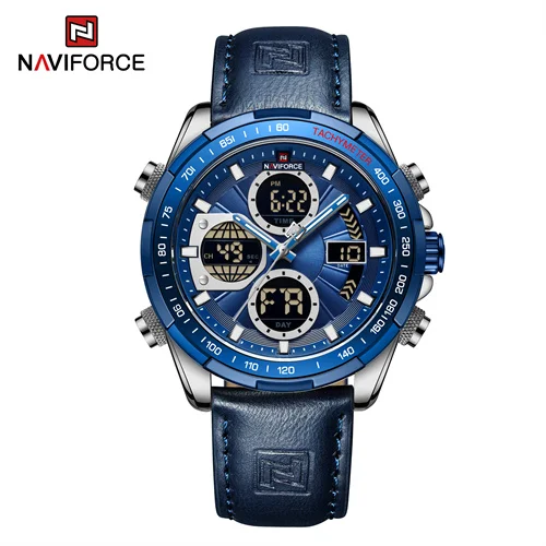 NAVIFORCE – montre-bracelet en cuir bleu pour homme, chronographe à  aiguilles lumineuses, Double affichage, à Quartz, sport militaire, 9197