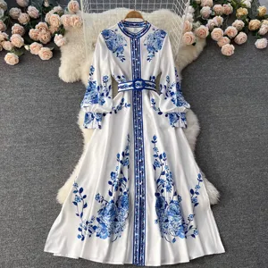 Wholesale Printed Stand-up Collar Single-breasted Spring New 2026 Temperament Long Sleeve Chinese Style Women's Dress