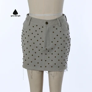 Customize Women's Summer Denim Bronze Beaded Short Skirts Mini Rivet Embellished Frayed Hem Ladies Casual Jean Skirt