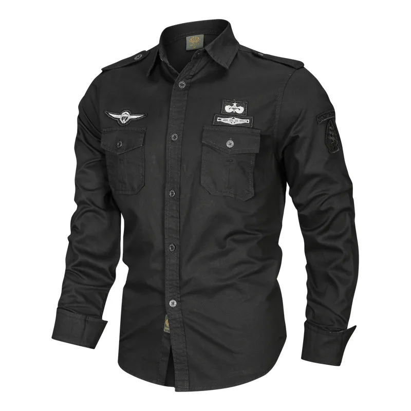 Wholesale Woven Pure Cotton Lapel Patch Embroidered Pilot Long Sleeved Men's Shirt749_voghion.com