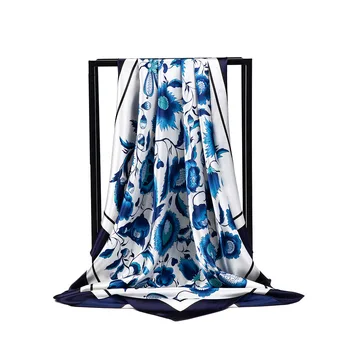 90*90cm Luxury Brand Women Silk Scarf Female Euro Style Blue Floral Print Satin Head Square Scarves Summer Shawls For Ladies