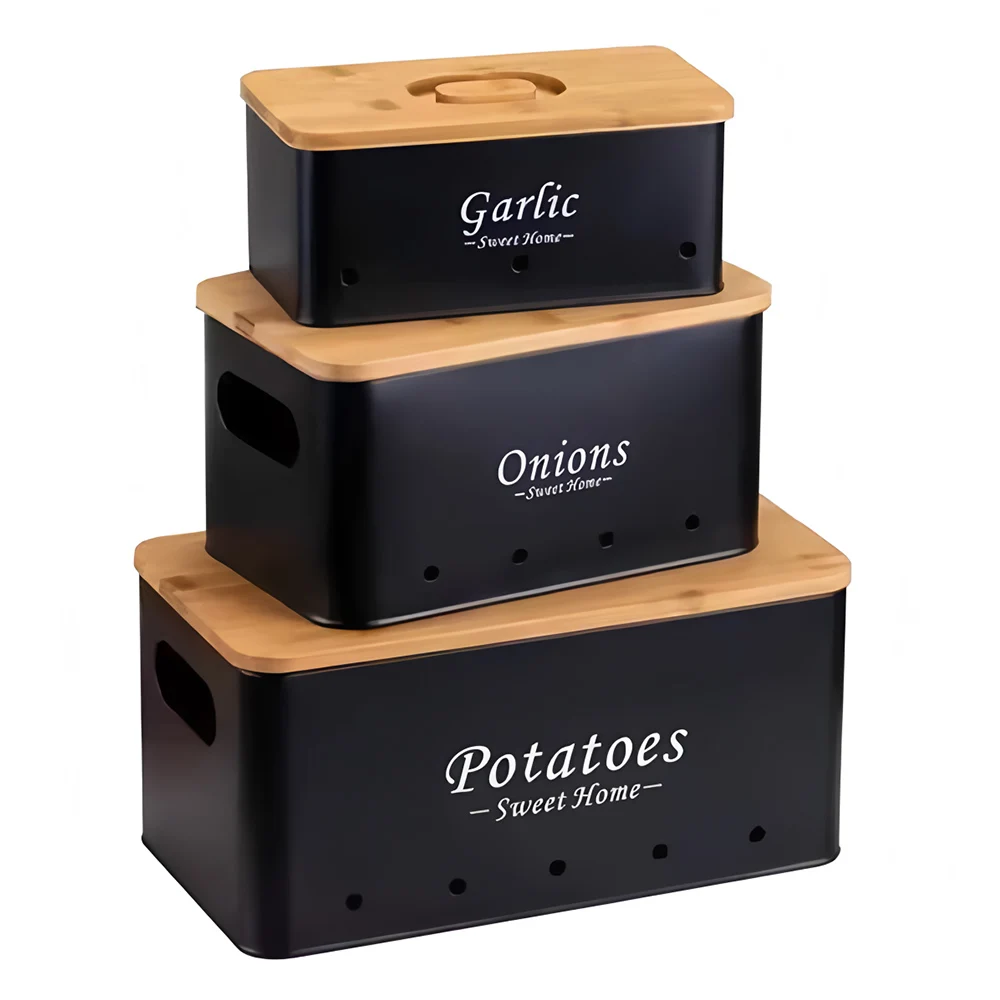 Wooden Lid Storage Box Metal Canisters Set for Kitchen for Garlic Potato and Onion Food Storage & Container