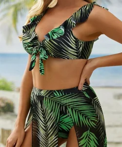 Custom Logo New Sexy Print Ruffle 3 Eco-Friendly Piece Bikini Beachwear With Skirt Cover up Front Tie Swimsuit Women Swimwear