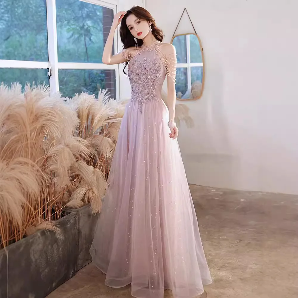 S0041A 2025 Summer Spring Elegant Pink for Women Light Luxury Floor-Length  Banquet Bridesmaid Engagement Birthday Evening Dress