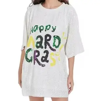 Happy Mardi Gras White Sequin Jersey Dress O-neck Short Sleeve Casual Women Sequin Long Shirt Party Dress Streetwear Happy Mardi Gras White Sequin Jersey Dress O-neck Short Sleeve Casual Women Sequin Long Shirt Party Dress Streetwear