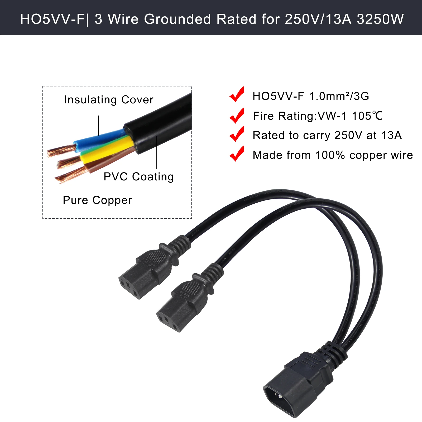 Iec 60320 Connector Socket Kettle Iec C14 To 2 X C13 Supply Power Cord