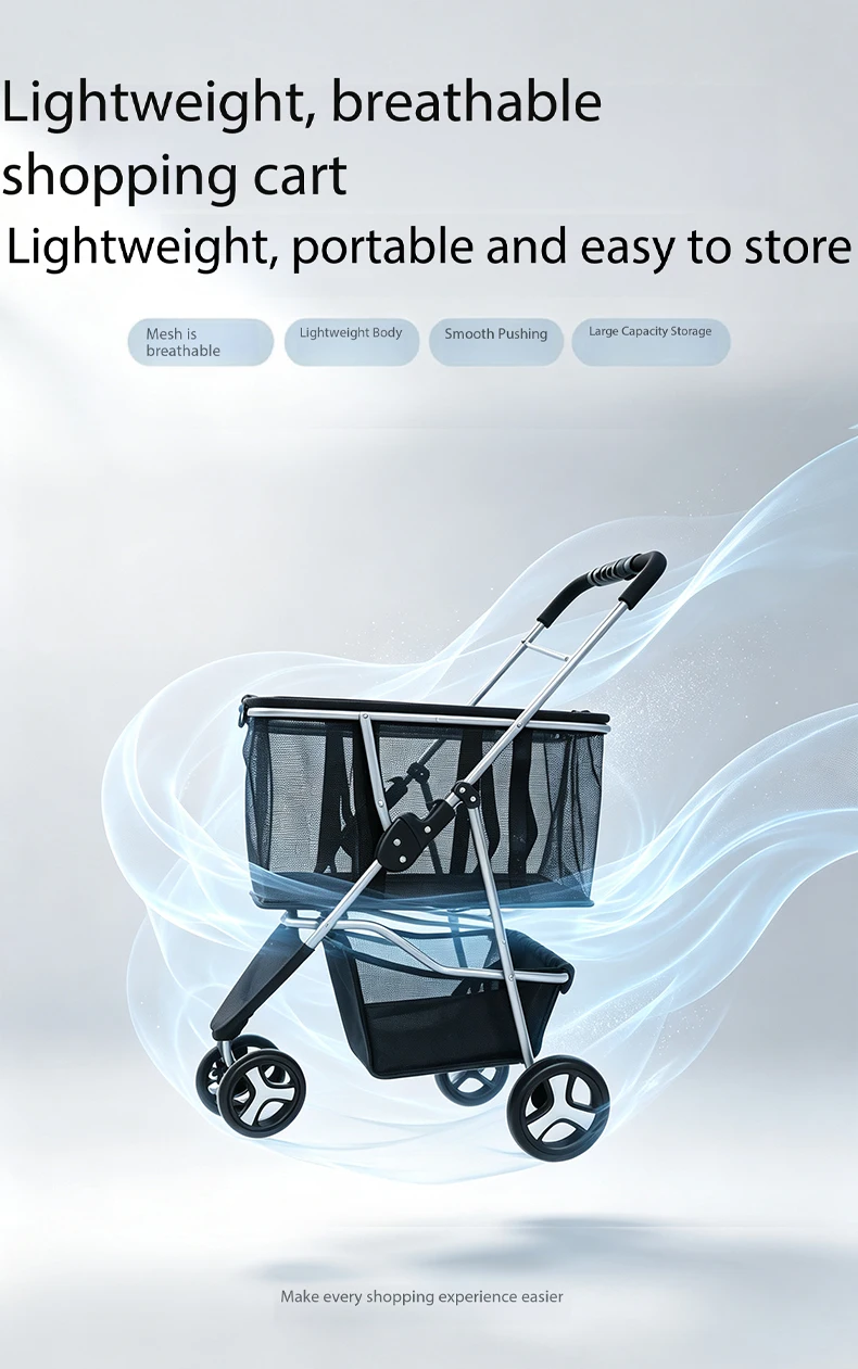 product new 3 wheel double layer pet stroller one click fold detachable hand pull cart multifunctional outdoor shopping grocery basket-2