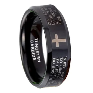 Coolstyle Jewelry 8mm Black Tungsten Rings for Men Women Engagement Rings Lords Prayer Engraved Beveled Polished Comfort Fit