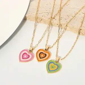 Summer Dainty Multi-Colorful Gold Heart Enamel Necklace Stainless Steel Link Chain with Pendent Gold Plated Jewelry