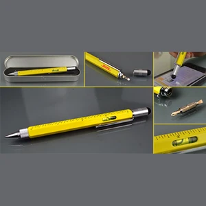 Multi Function Tool Pen High Quality Custom Logo Promotion Metal 6 in 1 Ball Pen with Stylus Spirit Level Screwdrivers Ruler