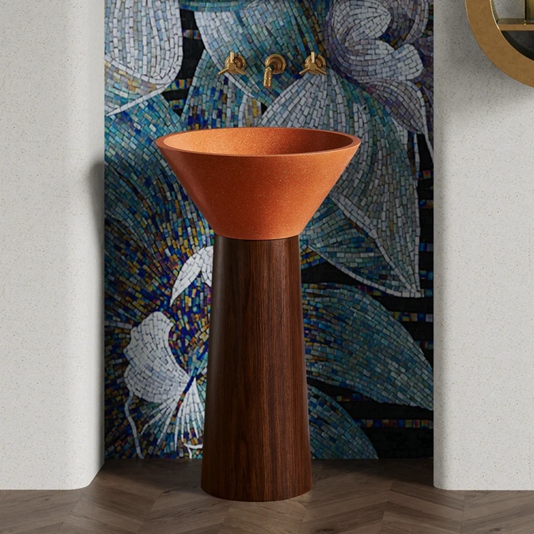 Orange Artificial Stone Wash Basin and Wood Grain Stainless Steel Pedestal Combination Freestanding Bathroom Wash Basin Sink