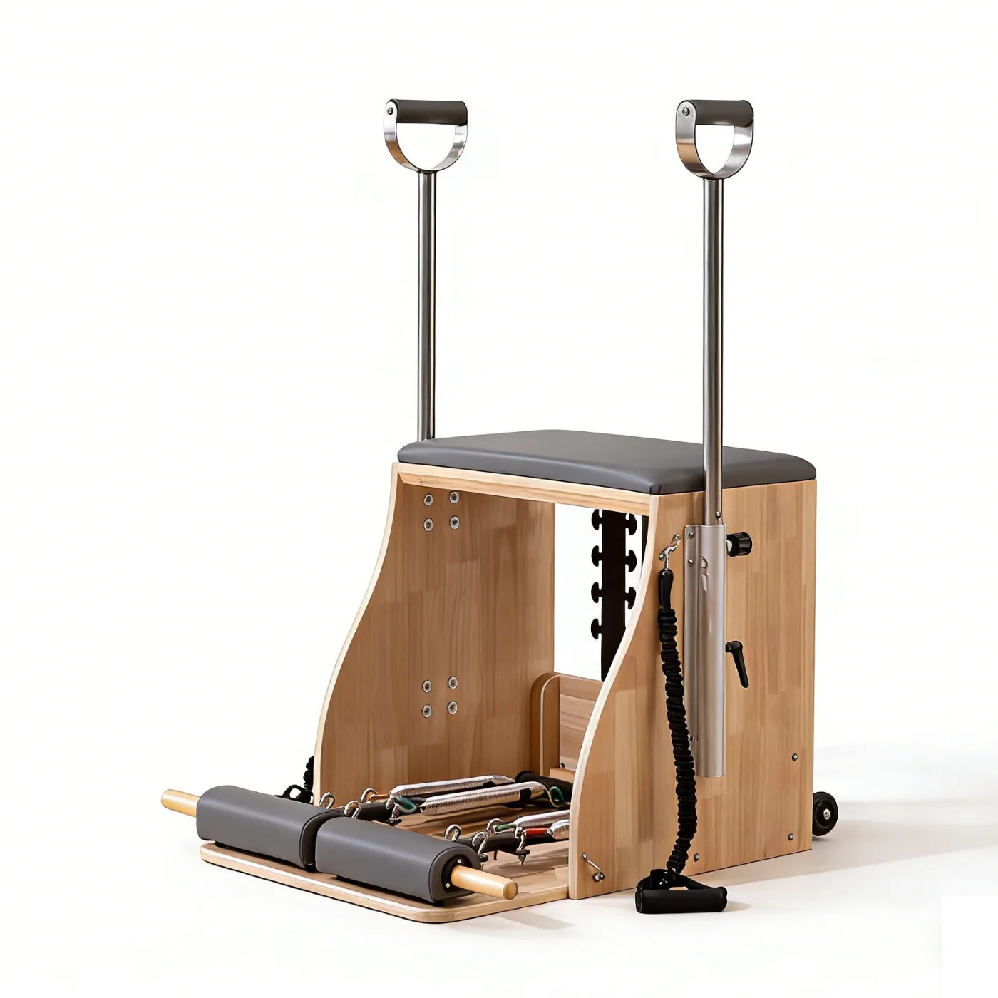 Pilates Wunda Chair Pilates Equipment Rubber Wood & Microfiber Leather Portable Adjustable Removable Handles for Studio