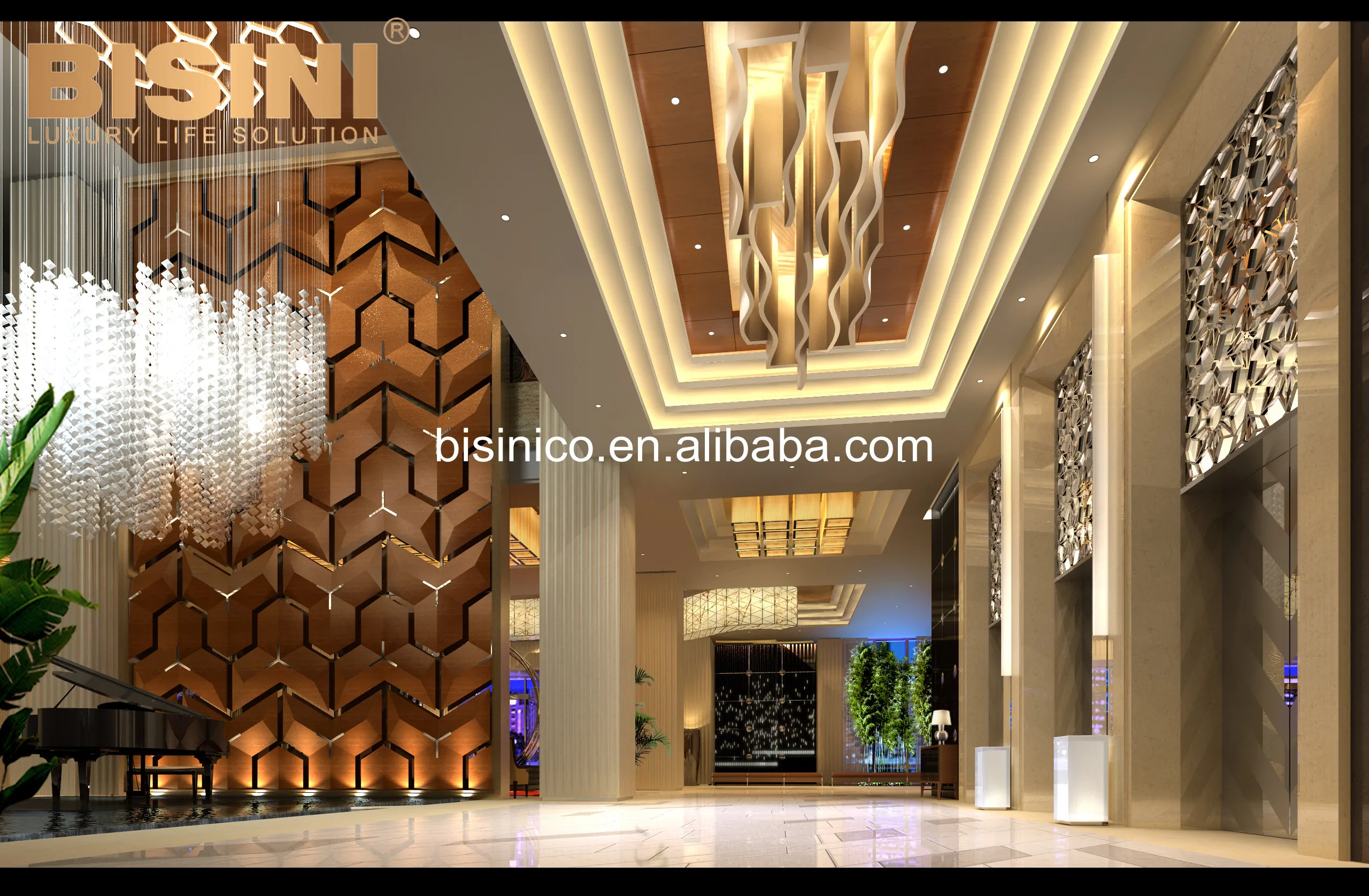 
 Современный коридор отеля, 3D изображение интерьера и экстерьера из полных материалов  