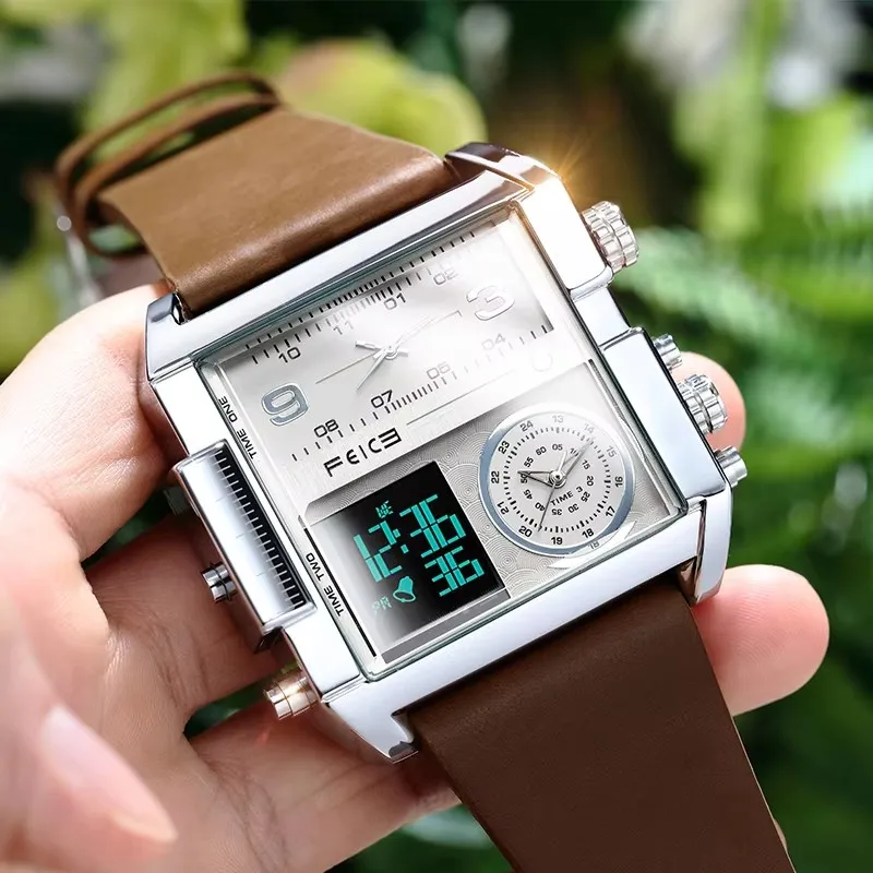 Men's Big Square Dial Digital Analog Quartz 30M Waterproof Leather