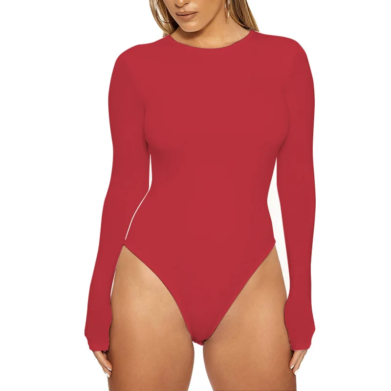 Wholesale Long Sleeve O Neck Solid Color Thong Bodysuits for Women
