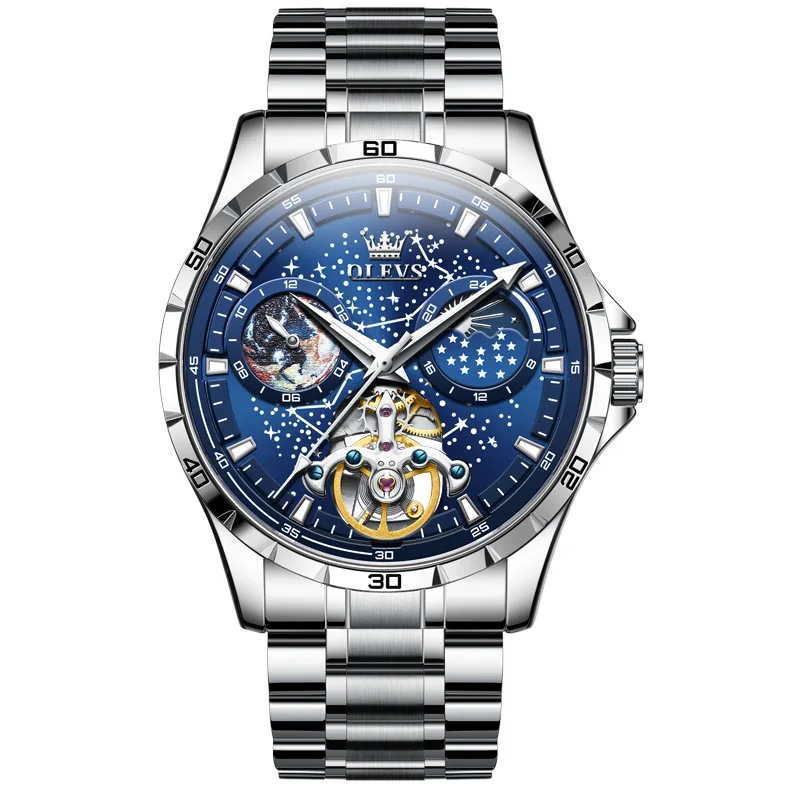 OLEVS Original Watch for Men Skeleton Flywhewl Rotating Seconds Starry Sky  Automatic Mechanical Watch Luminous Moons Watch