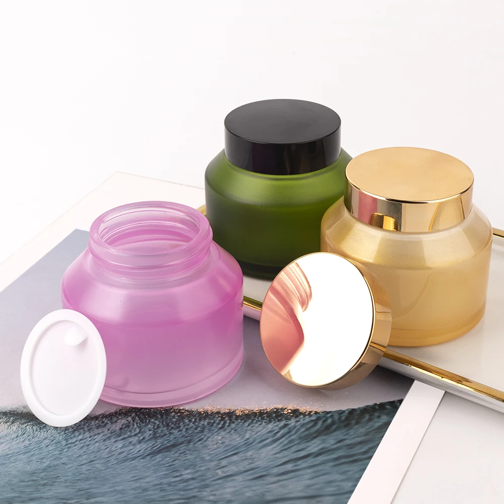 cosmetic packaging slanted shoulder pink olive green frosted glass bottle gold lid cream jar sets bottles details