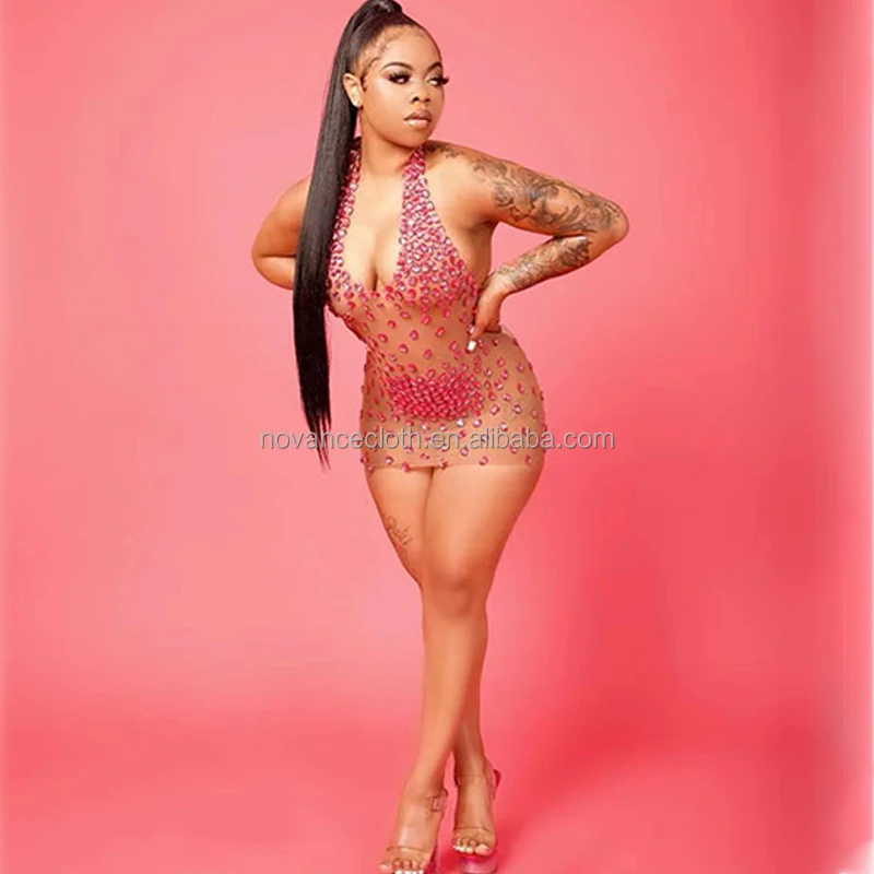 Womens Clothing Summer 2022 Sexy Hot See Through Night Club Dress Shiny Rhinestone Deep V Halter Stretchy Evening Dresses