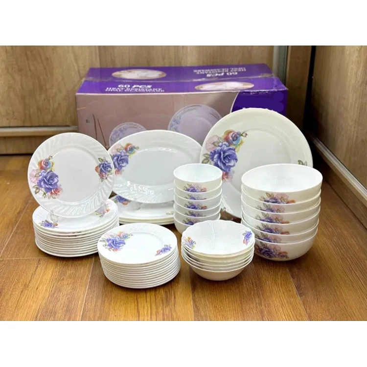 Dinner Set 60 Pcs Dinar Set 84pcs Dinnerware Sets Luxury Arabic Decal Opal Glass Dinnerware